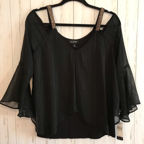 NWT A. Byer Black Flowy Blouse Beaded - Picture 2 of 7